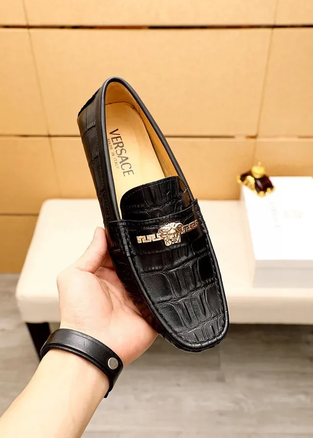 Versace Noir Or Cuir Crocodil Embossé Boucle Tête Médusa Loafer 7