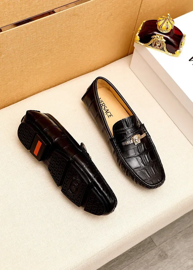 Versace Noir Or Cuir Crocodil Embossé Boucle Tête Médusa Loafer 9