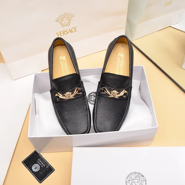 Versace Preto Dourado Couro granulado Cabeça de Medusa Fivela de horsebit Loafer 9