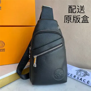 Versace Black Silver Textured Grain Leather Embossed Medusa Logo Messenger Bag