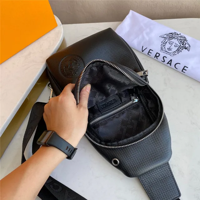 Versace Black Silver Textured Grain Leather Embossed Medusa Logo Messenger Bag 4