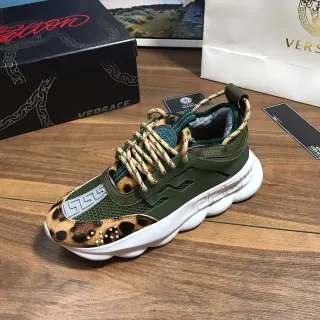 Versace Chain Reaction 军绿色 多色鞋底 豹纹覆盖 厚底运动鞋
