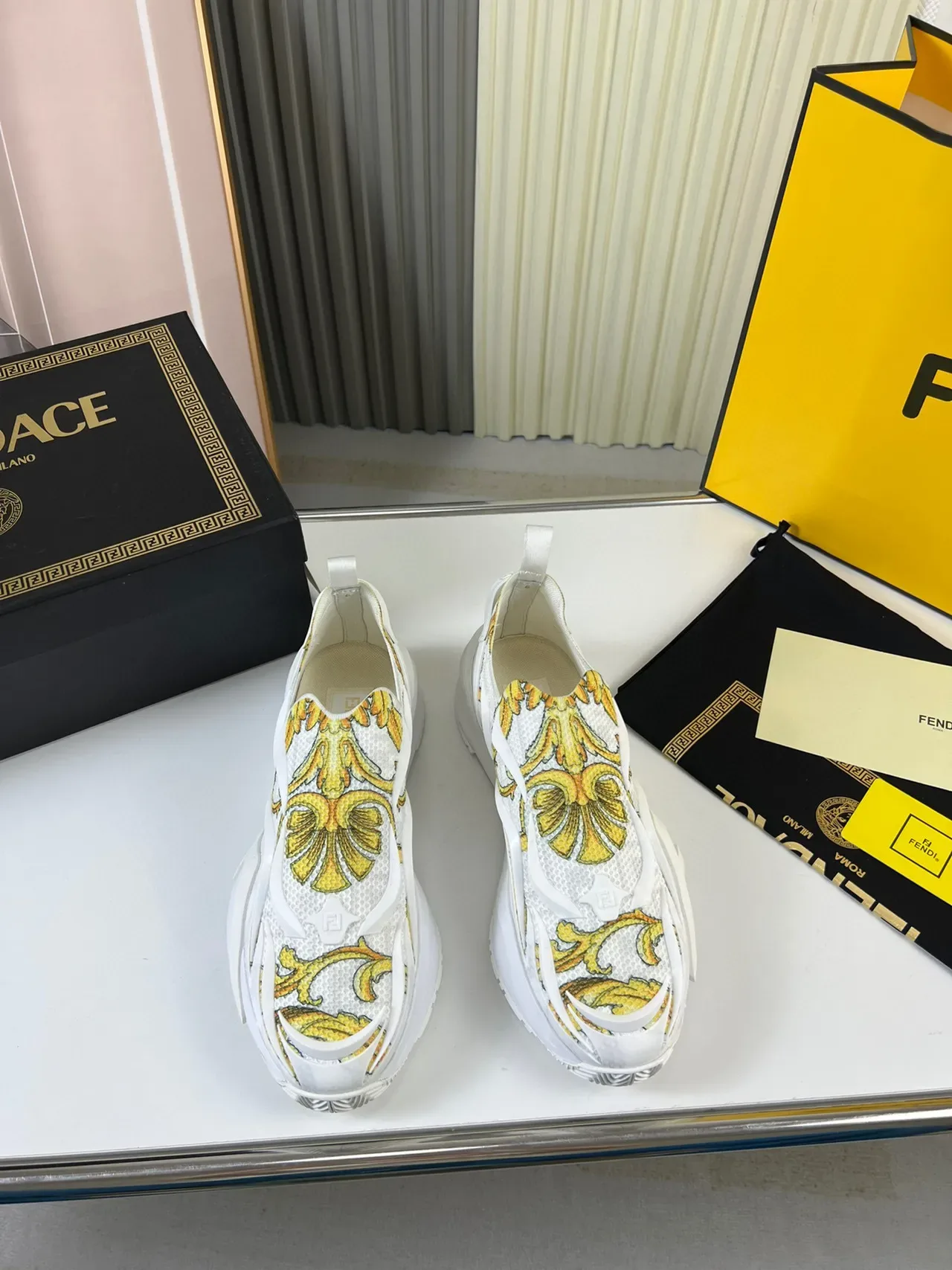 Versace Chain Reaction Baroque Print White Chunky Sneakers 9