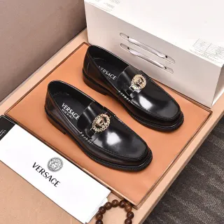 Versace Chain Reaction Black Polished Leather Medusa Buckle Loafers