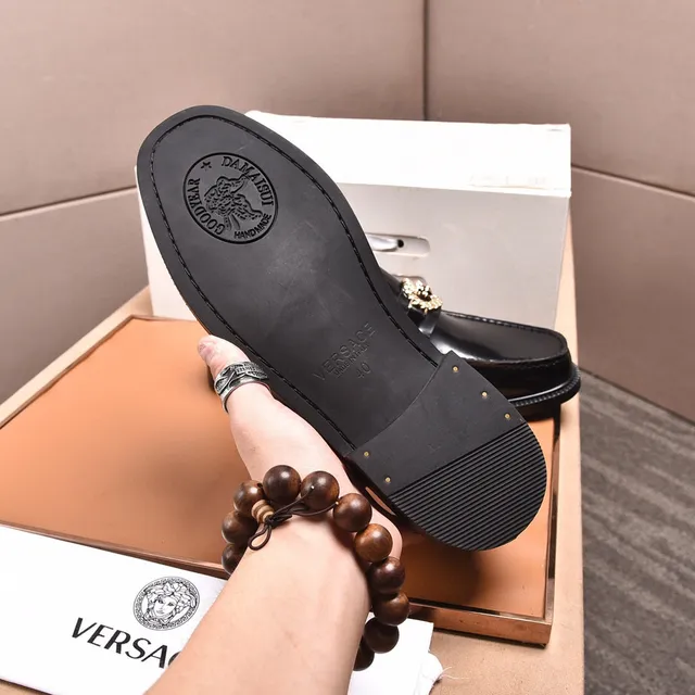 Versace Chain Reaction Mocassins Cuir Noir Poli Boucle Medusa 5