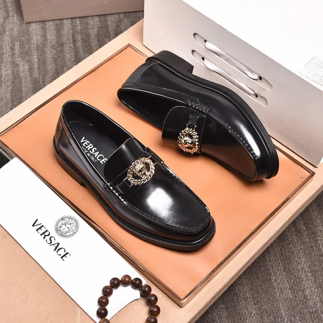 Versace Chain Reaction Mocassins Cuir Noir Poli Boucle Medusa 9