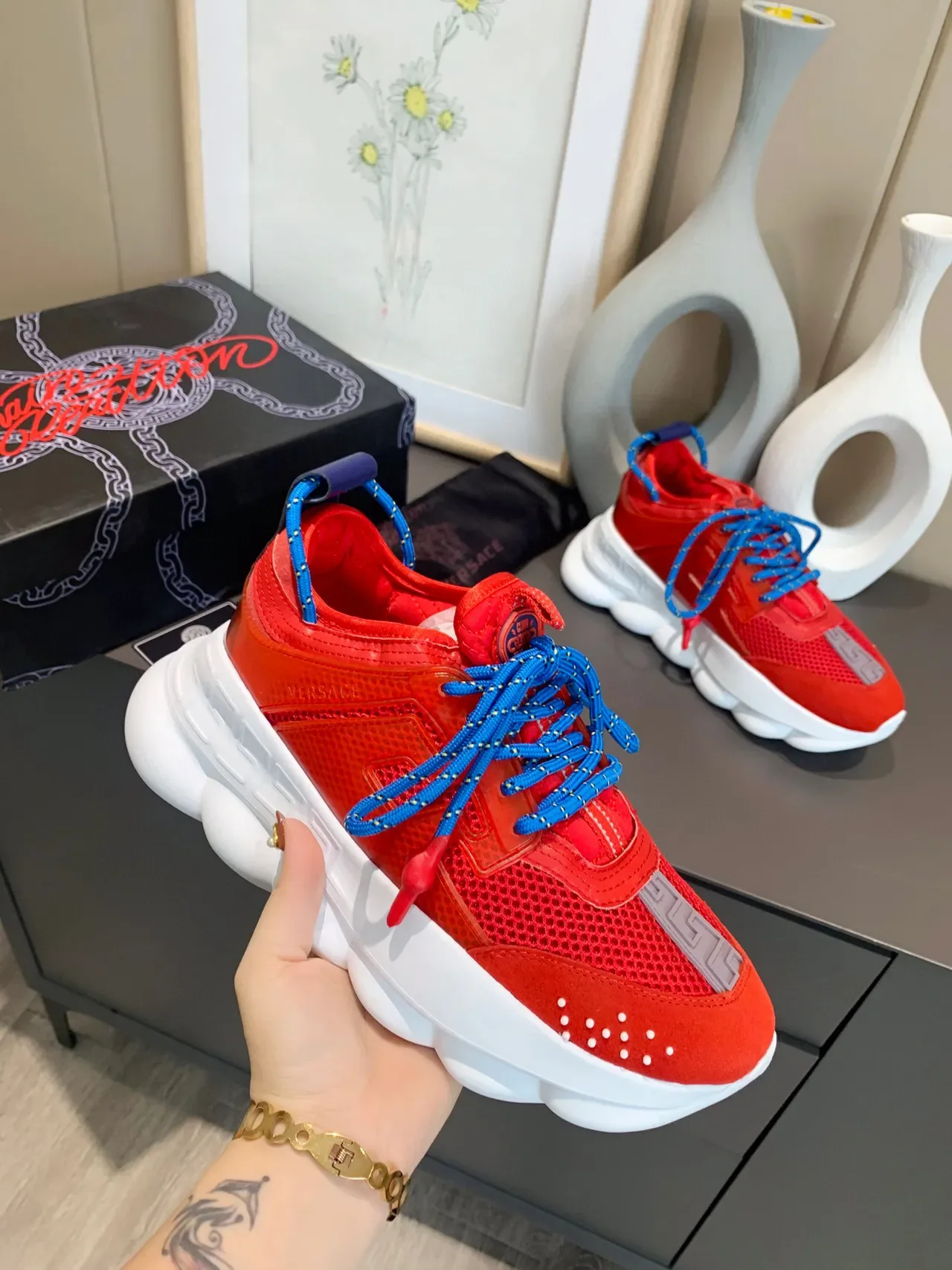 Versace Chain Reaction Red Blue Chunky Sneakers 4