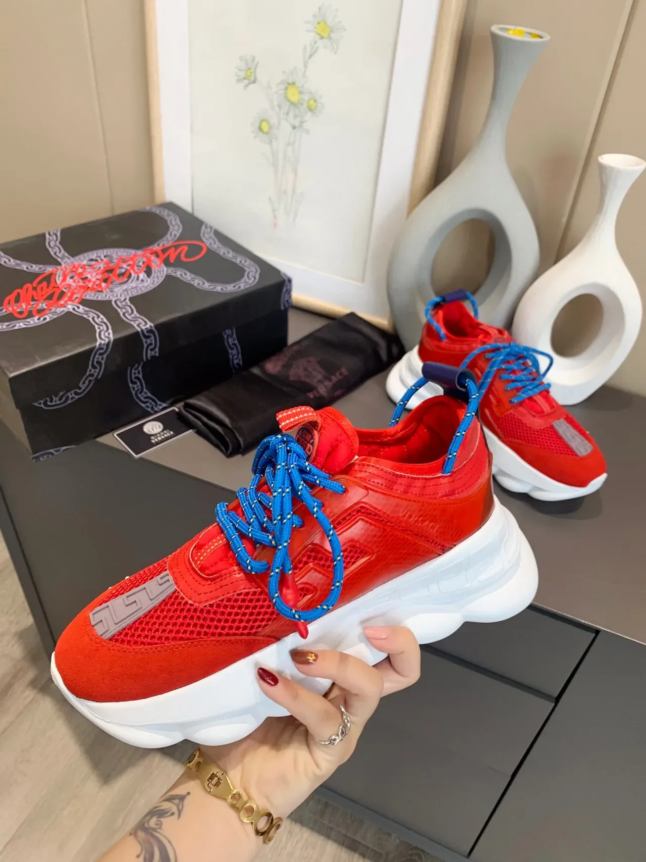 Versace Chain Reaction Red Blue Chunky Sneakers 7