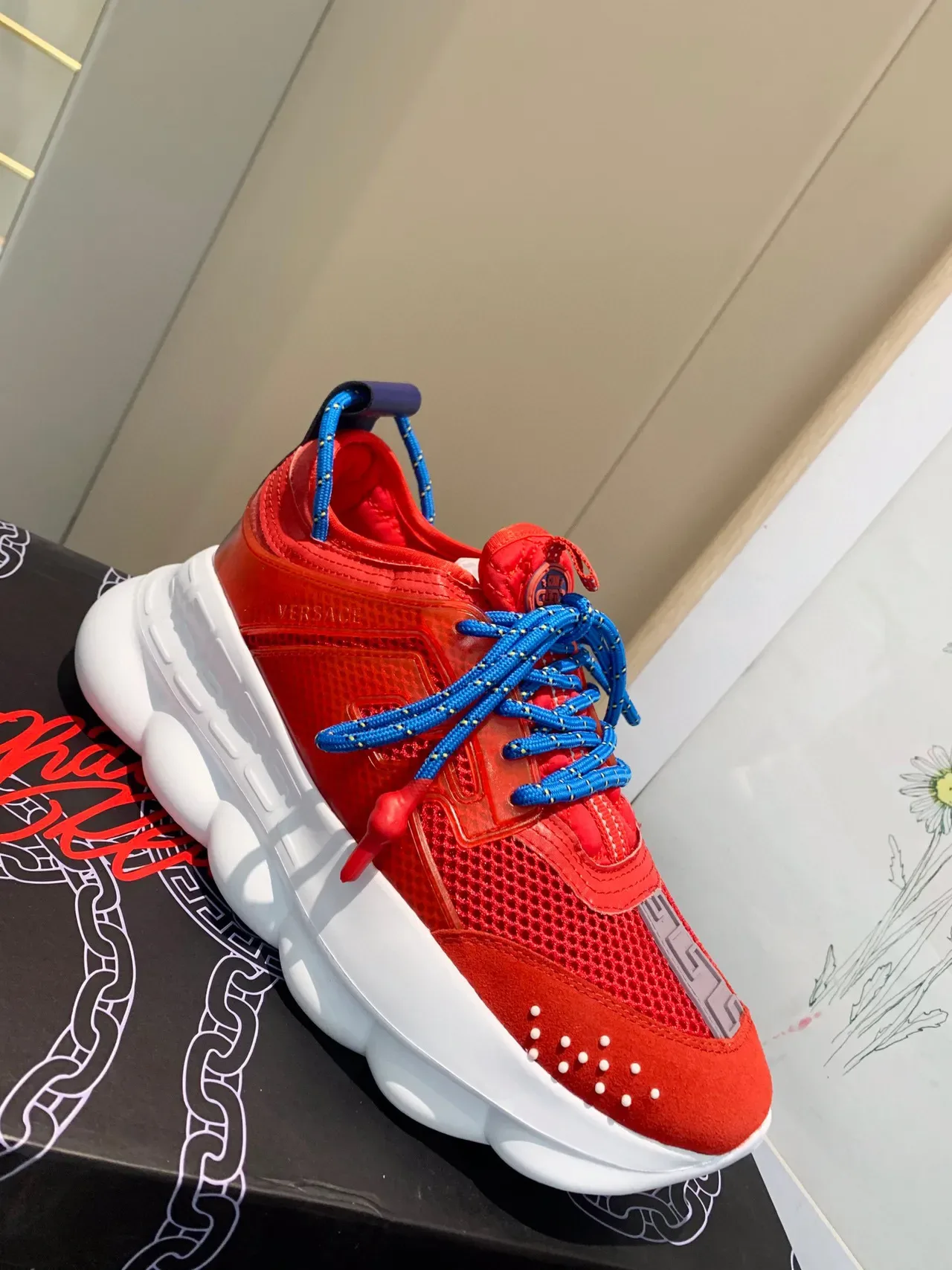 Versace Chain Reaction Red Blue Chunky Sneakers 9