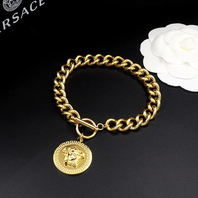Versace Gold Silver Curb Chain Toggle Clasp Bracelet 4