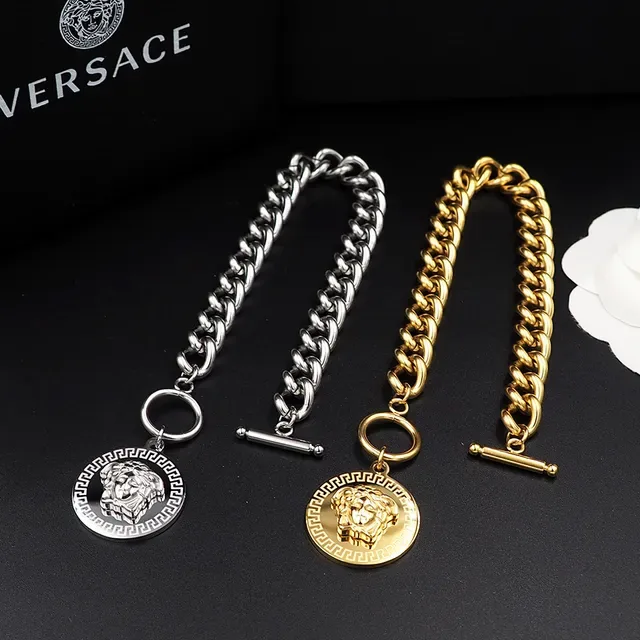 Versace Gold Silver Curb Chain Toggle Clasp Bracelet 6