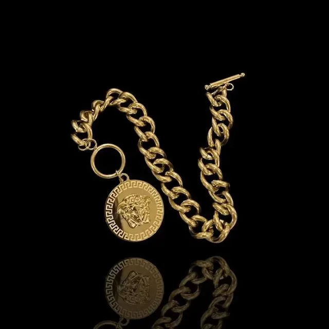 Versace Gold Silver Curb Chain Toggle Clasp Bracelet 7