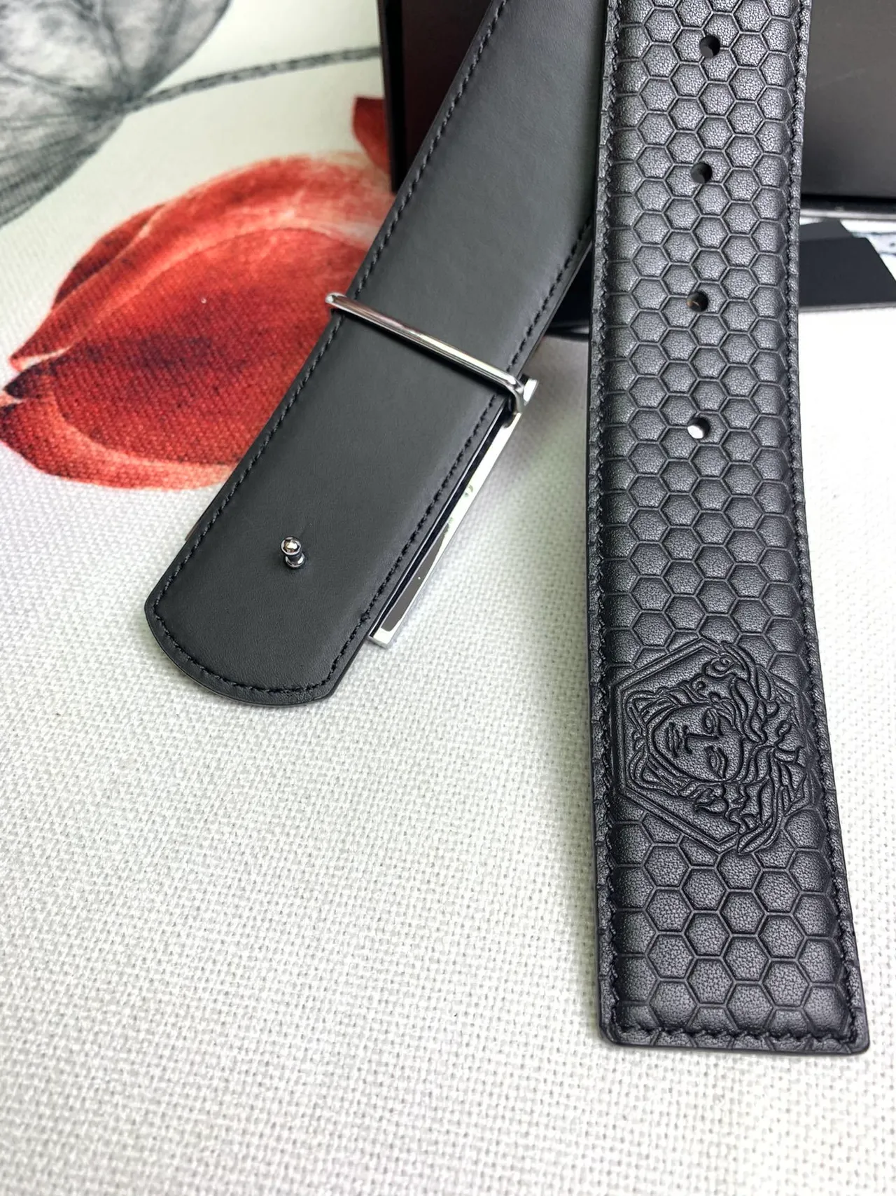 Versace Greca Odissea Black Hexagonal Embossed Leather Belt 2