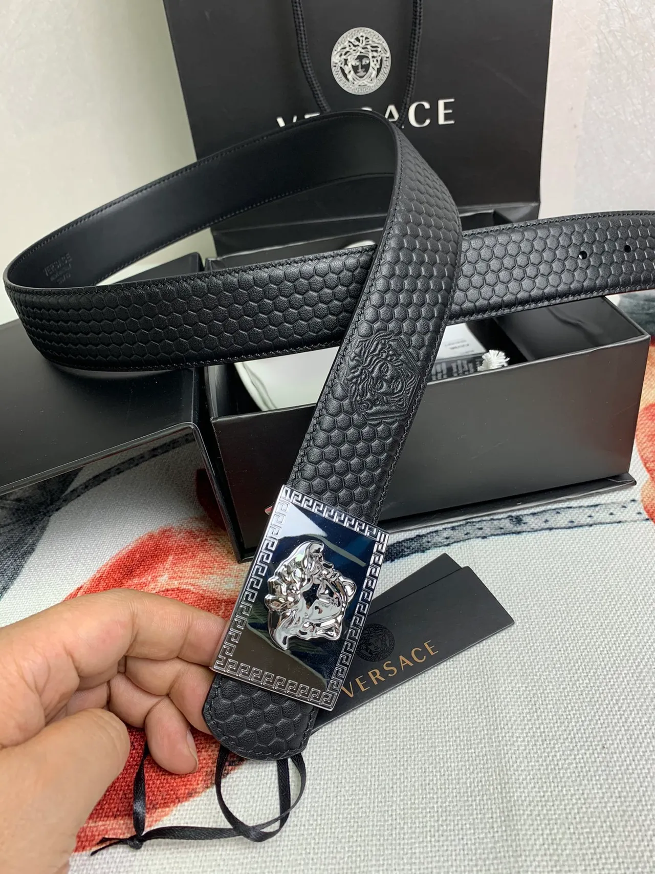Versace Greca Odissea Black Hexagonal Embossed Leather Belt 8
