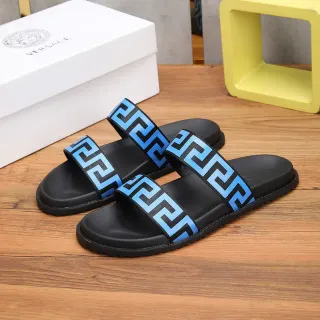 Versace Greca Odissea Blue and Black Slide Slippers