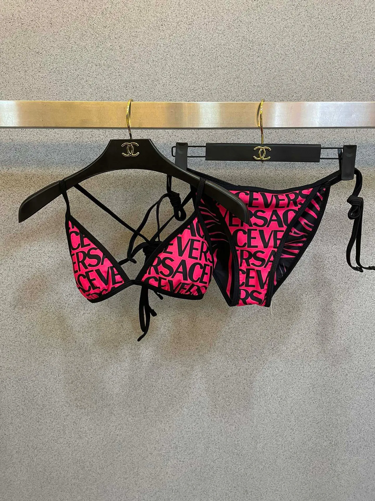 Versace Logo-Print Pink Black Triangle Top Swimwear 2