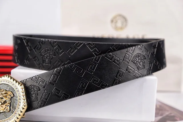 Versace Medusa Belt حزام أسود ذهبي التون كريستل مطبوخ جلد 2