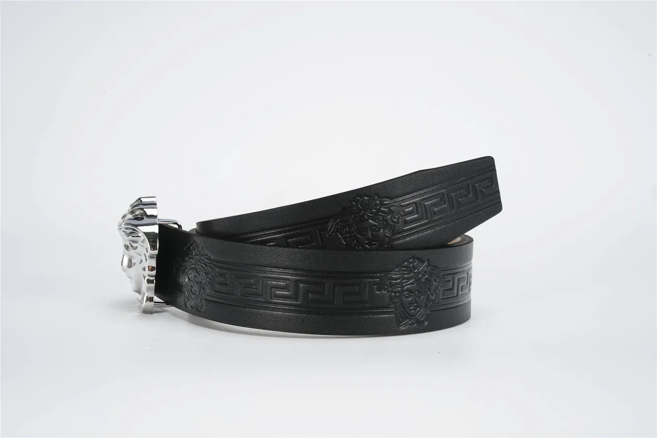 Versace Medusa Belt Black Silver Head Buckle Embossed Greca Pattern Leather Belt 3