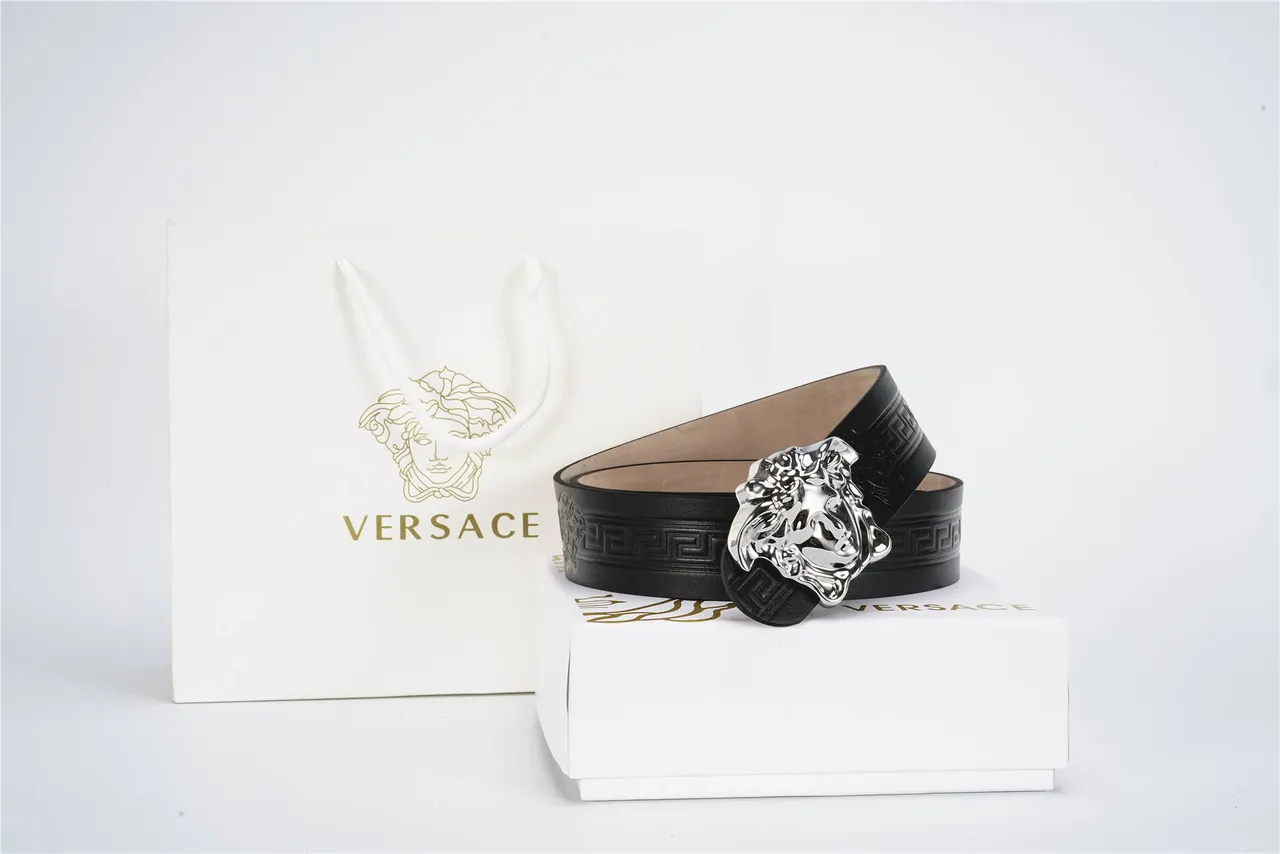 Versace Medusa Belt Black Silver Head Buckle Embossed Greca Pattern Leather Belt 4
