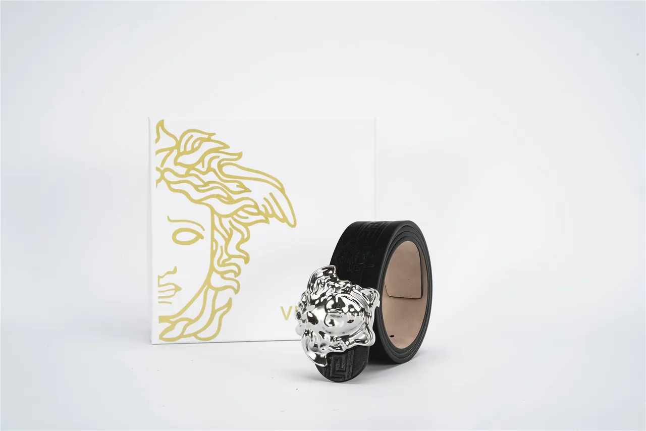 Versace Medusa Belt Black Silver Head Buckle Embossed Greca Pattern Leather Belt 5