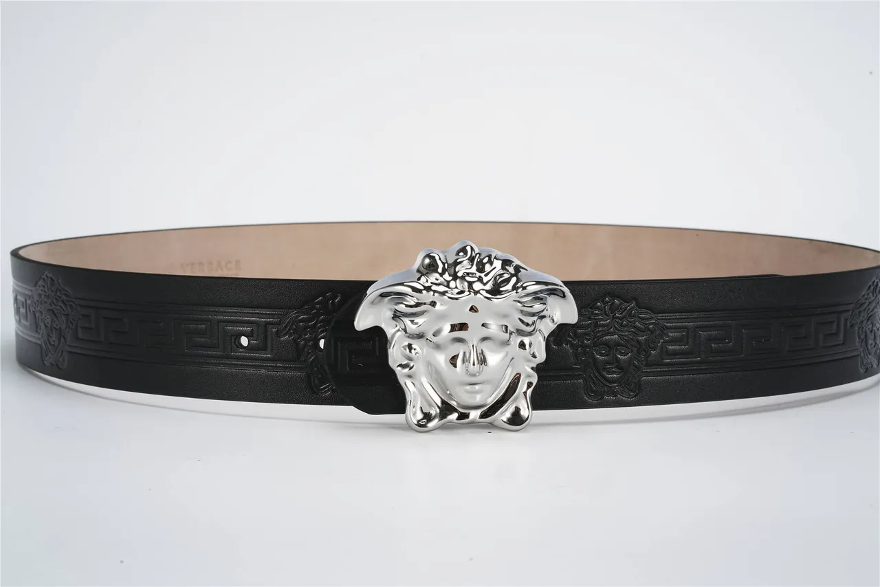 Versace Medusa Belt Black Silver Head Buckle Embossed Greca Pattern Leather Belt 8
