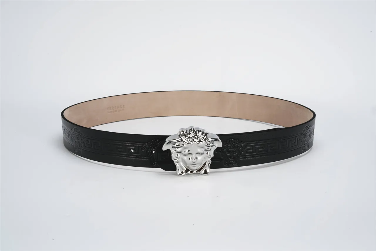 Versace Medusa Belt Black Silver Head Buckle Embossed Greca Pattern Leather Belt 9