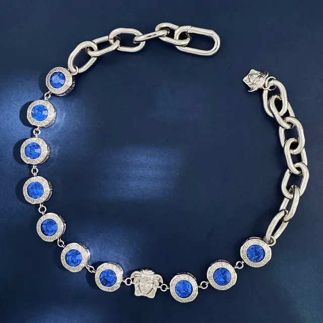 Versace Medusa Greca Blue Crystal Chunky Chain Necklace 3