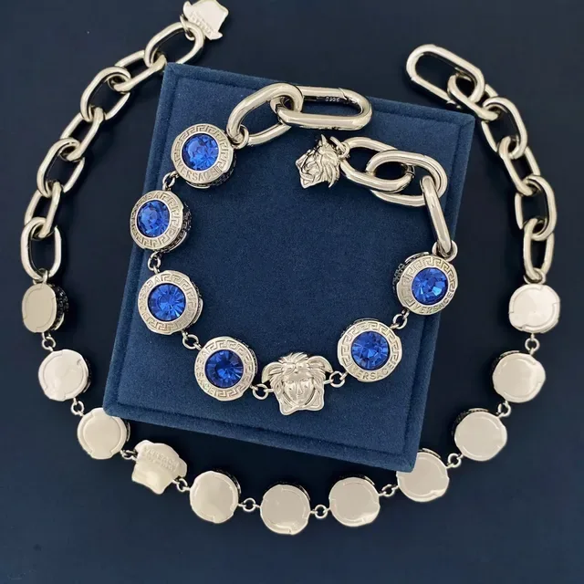 Versace Medusa Greca Blue Crystal Chunky Chain Necklace 6