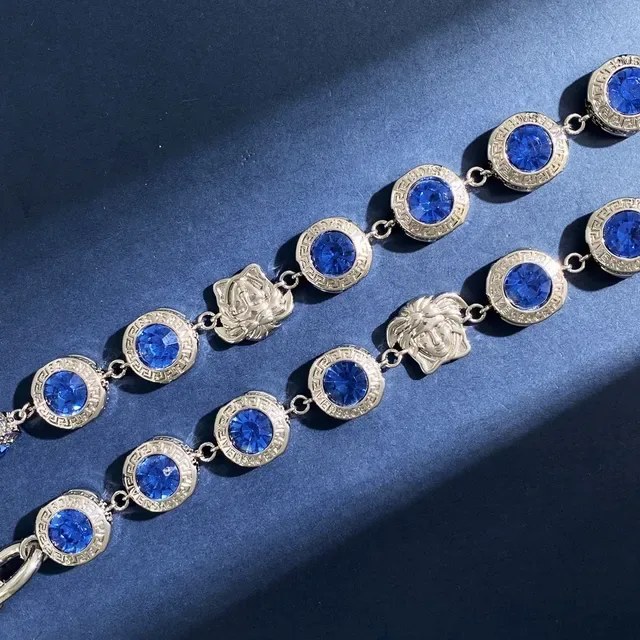 Versace Medusa Greca Blue Crystal Chunky Chain Necklace 7