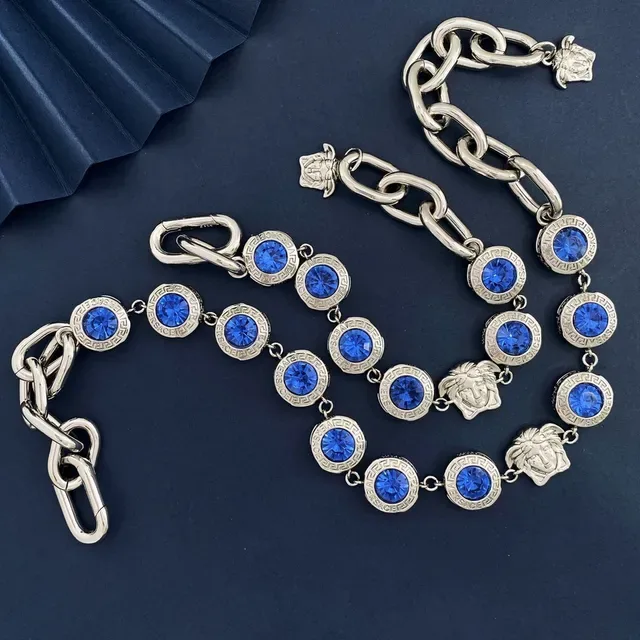 Versace Medusa Greca Blue Crystal Chunky Chain Necklace 9