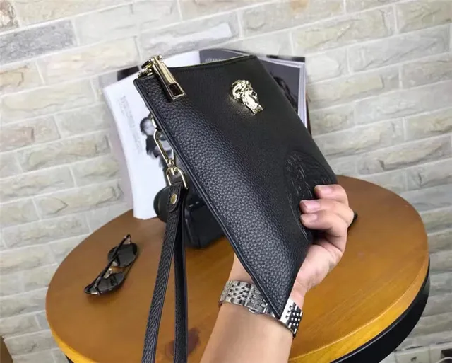 Versace Medusa Pouch Black Pebbled Leather Envelope Clutch 4