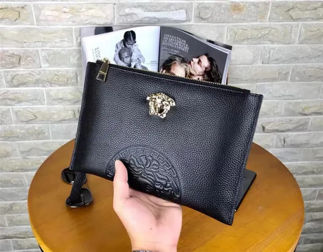 Versace Medusa Pouch Black Pebbled Leather Envelope Clutch 8
