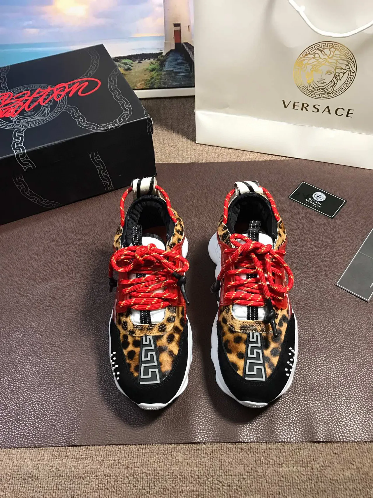 Versace Multicolor Leopard-Print Red Translucent Overlay Chunky Sneakers 9