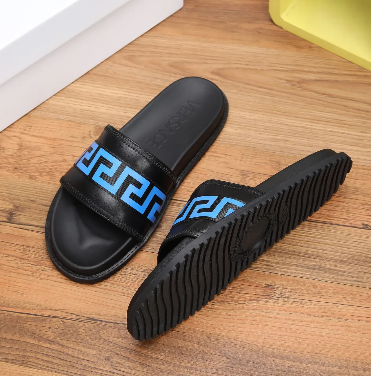 Versace Odissea Black and Blue Greca Strap Slippers 3