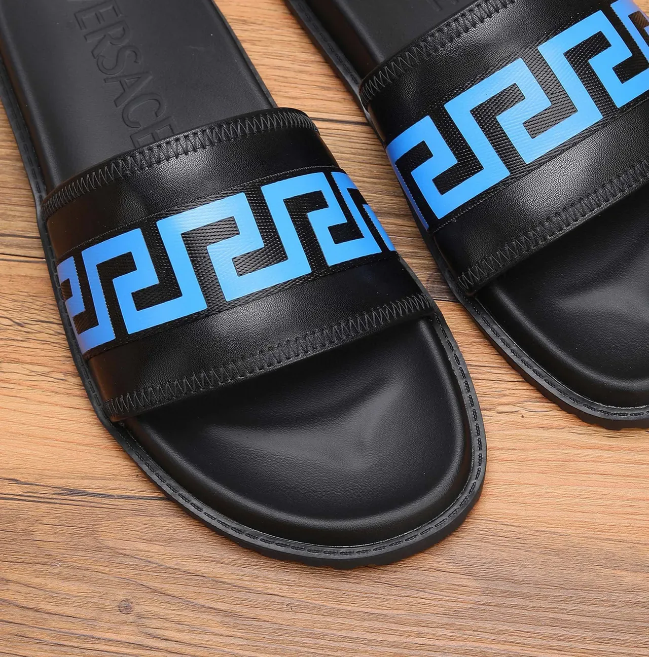 Versace Odissea Black and Blue Greca Strap Slippers 5