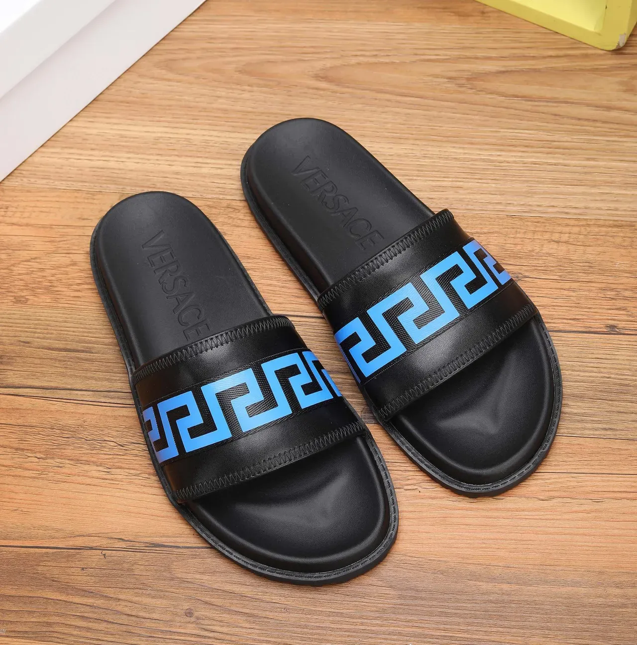 Versace Odissea Black and Blue Greca Strap Slippers 6