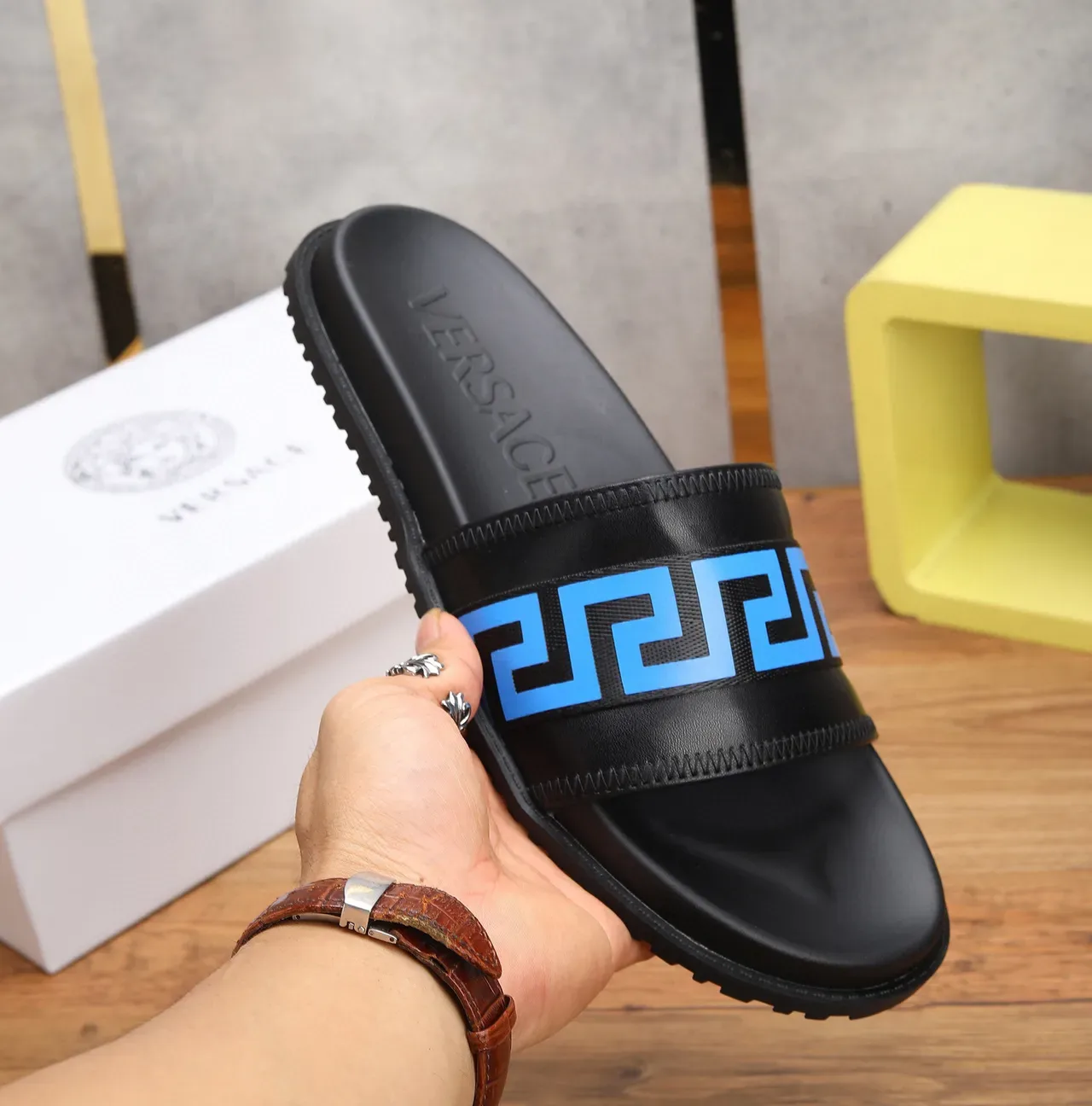 Versace Odissea Black and Blue Greca Strap Slippers 7