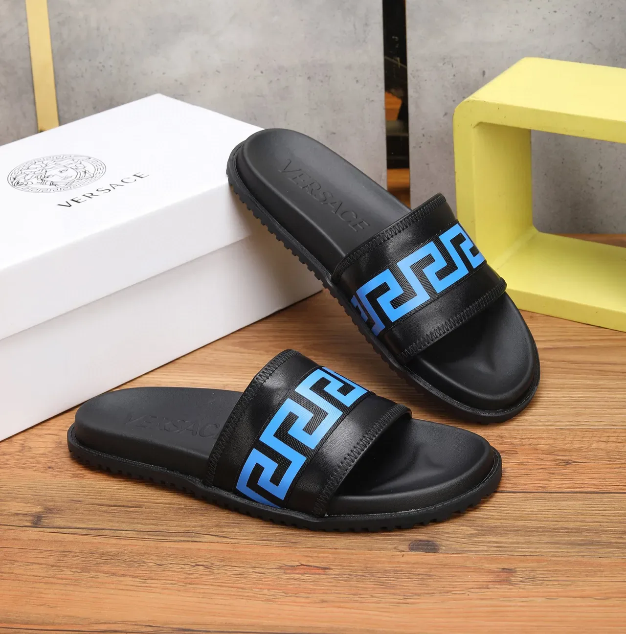 Versace Odissea Black and Blue Greca Strap Slippers 8