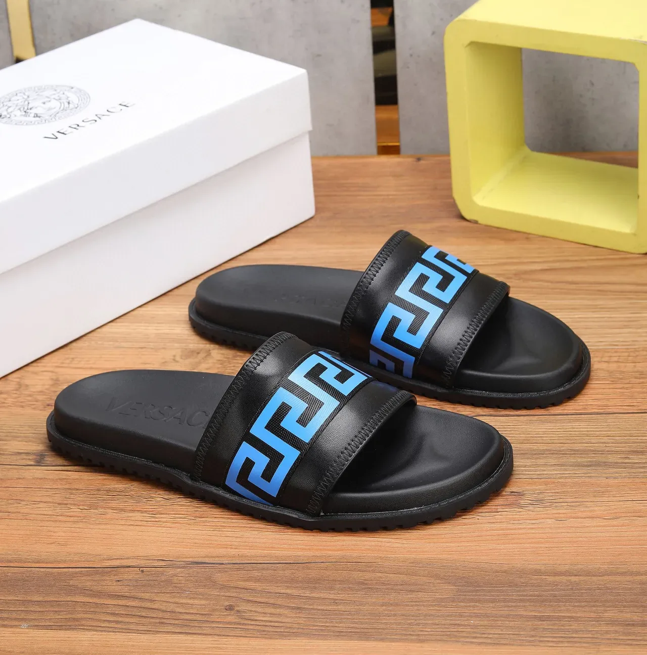 Versace Odissea Black and Blue Greca Strap Slippers 9