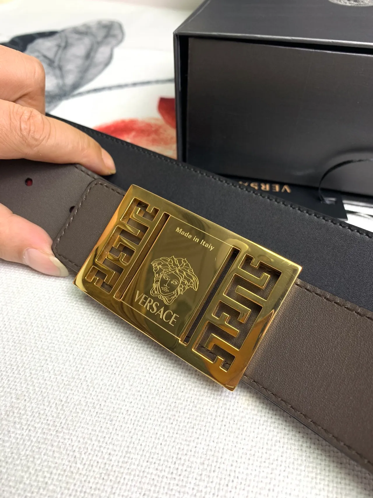 Versace Odissea Black Gold Smooth Strap Rectangular Buckle Leather Belt 2