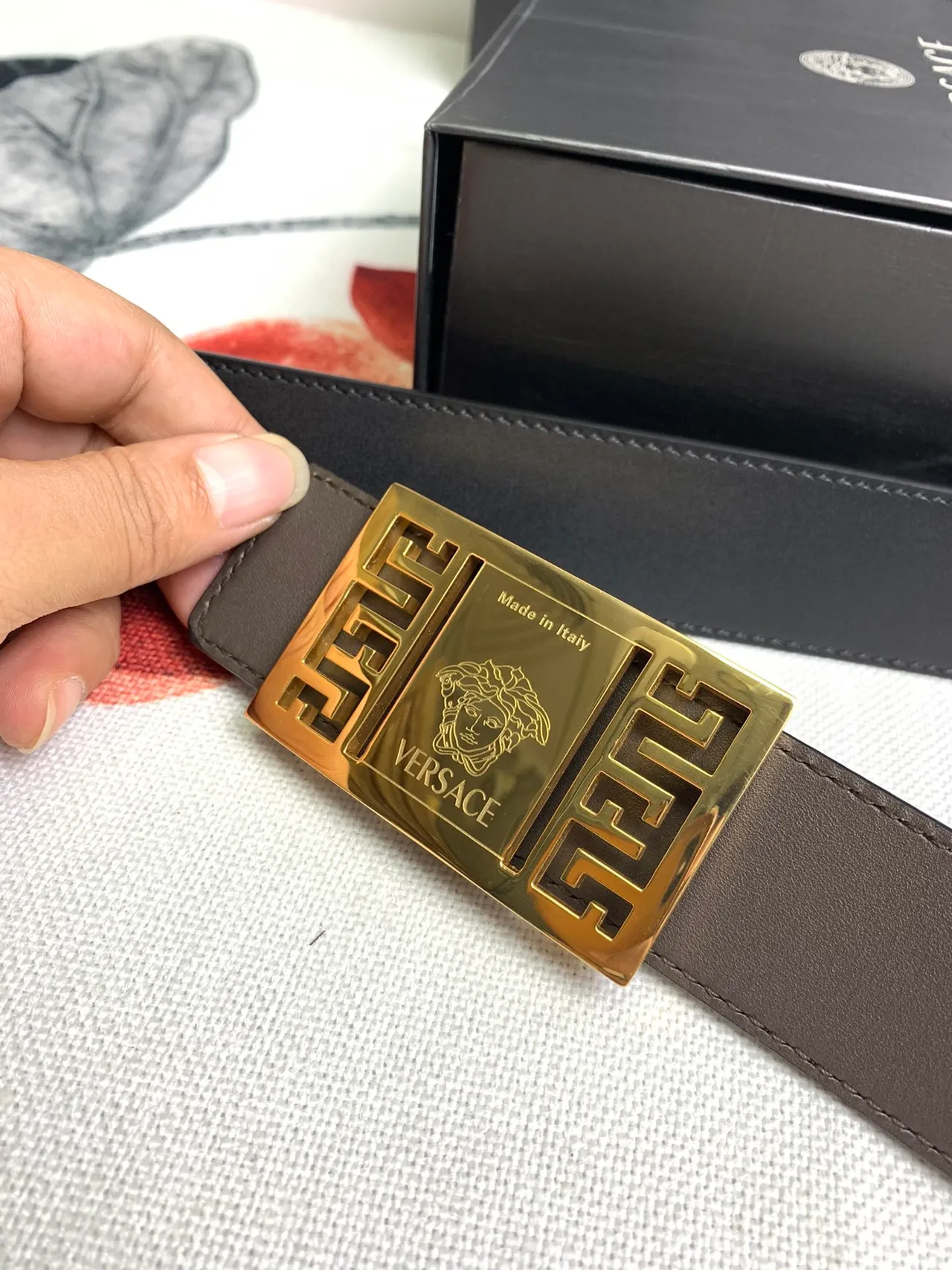 Versace Odissea Black Gold Smooth Strap Rectangular Buckle Leather Belt 3