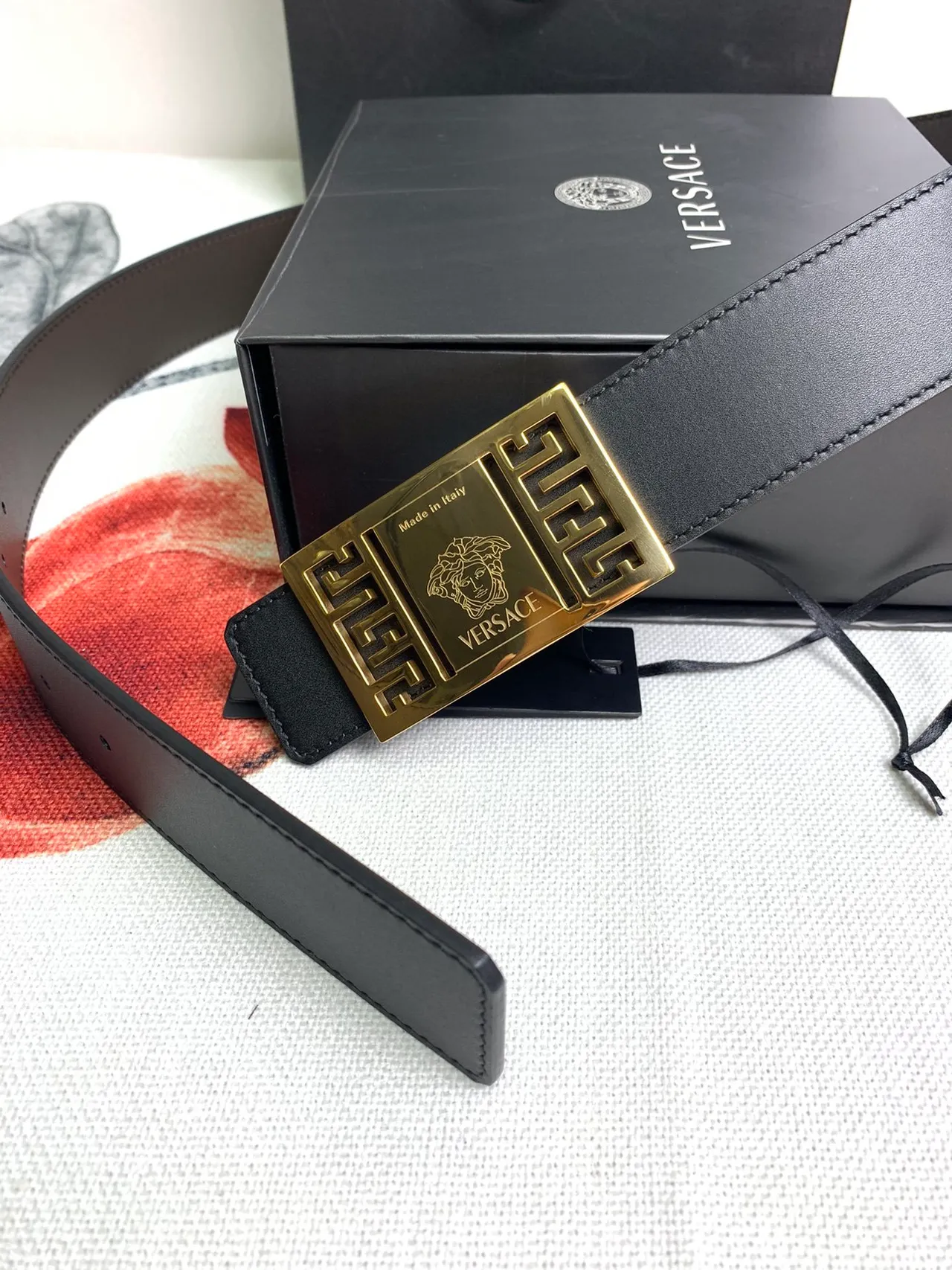 Versace Odissea Black Gold Smooth Strap Rectangular Buckle Leather Belt 5