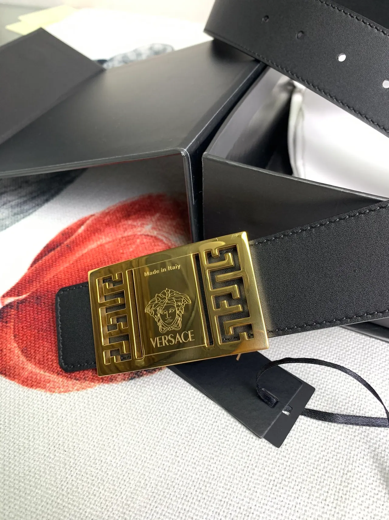 Versace Odissea Black Gold Smooth Strap Rectangular Buckle Leather Belt 6