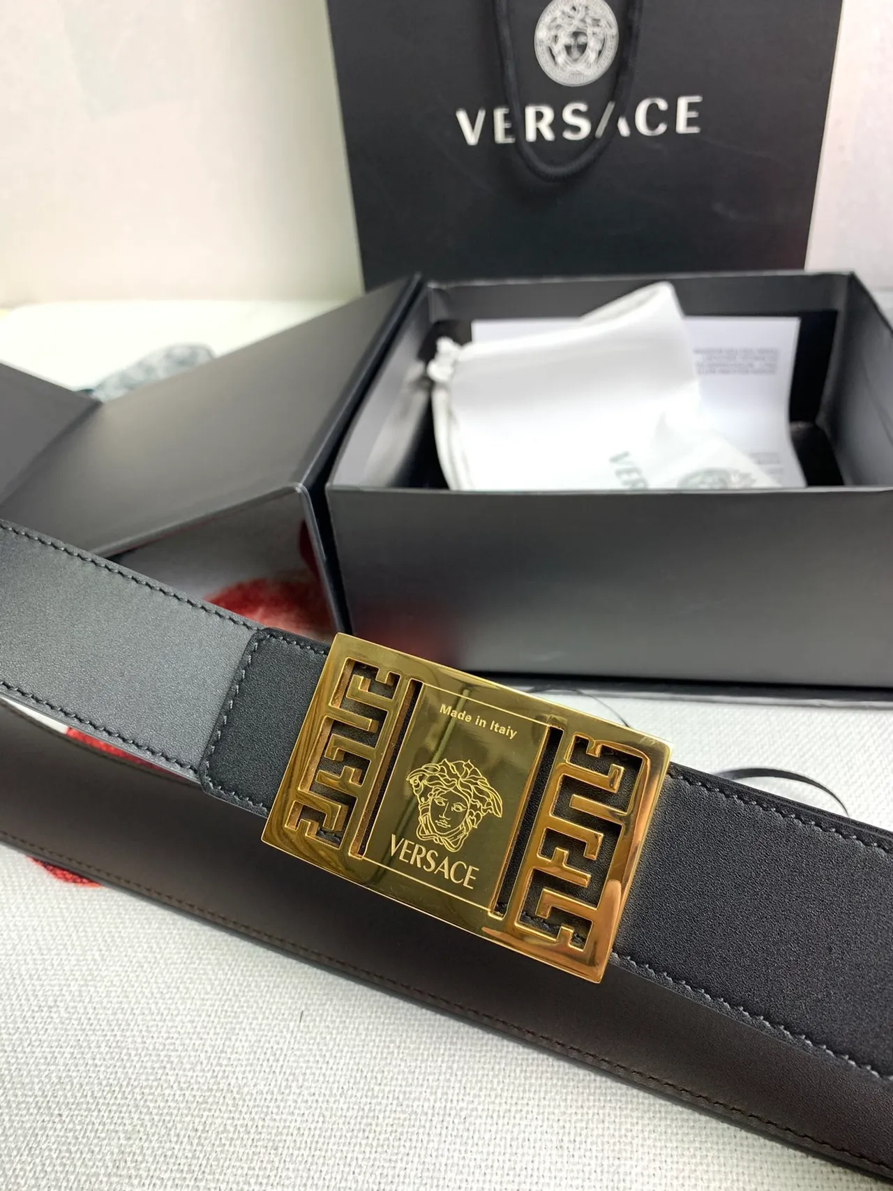 Versace Odissea Black Gold Smooth Strap Rectangular Buckle Leather Belt 7