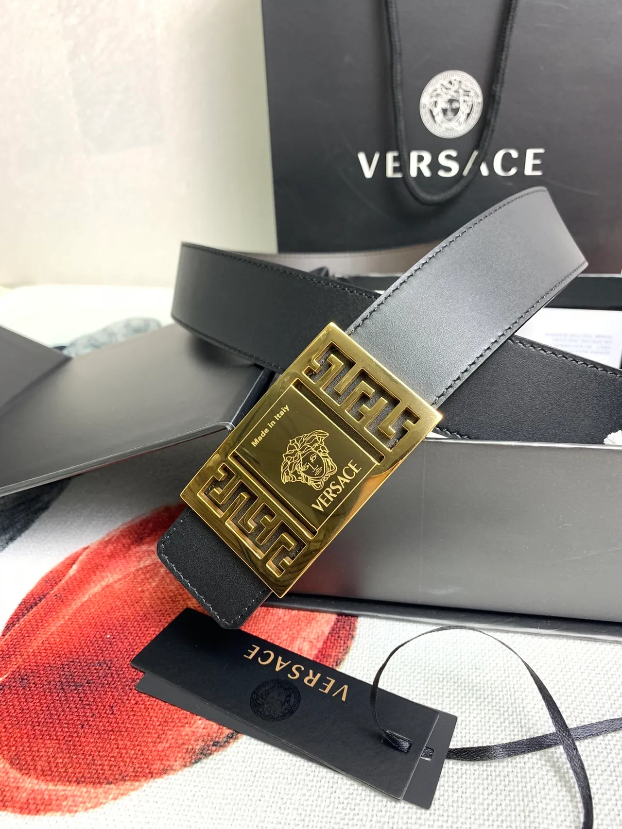 Versace Odissea Black Gold Smooth Strap Rectangular Buckle Leather Belt 8