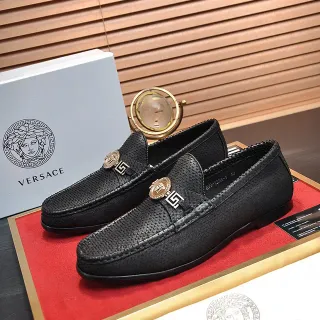 Versace Odissea काला सोने का बनावट चमड़ी Medusa-Greca धातु Medallion लूफर
