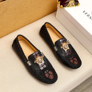 Versace Odissea 黑色金色 编织纹理 美杜莎头饰 五金装饰 乐福鞋