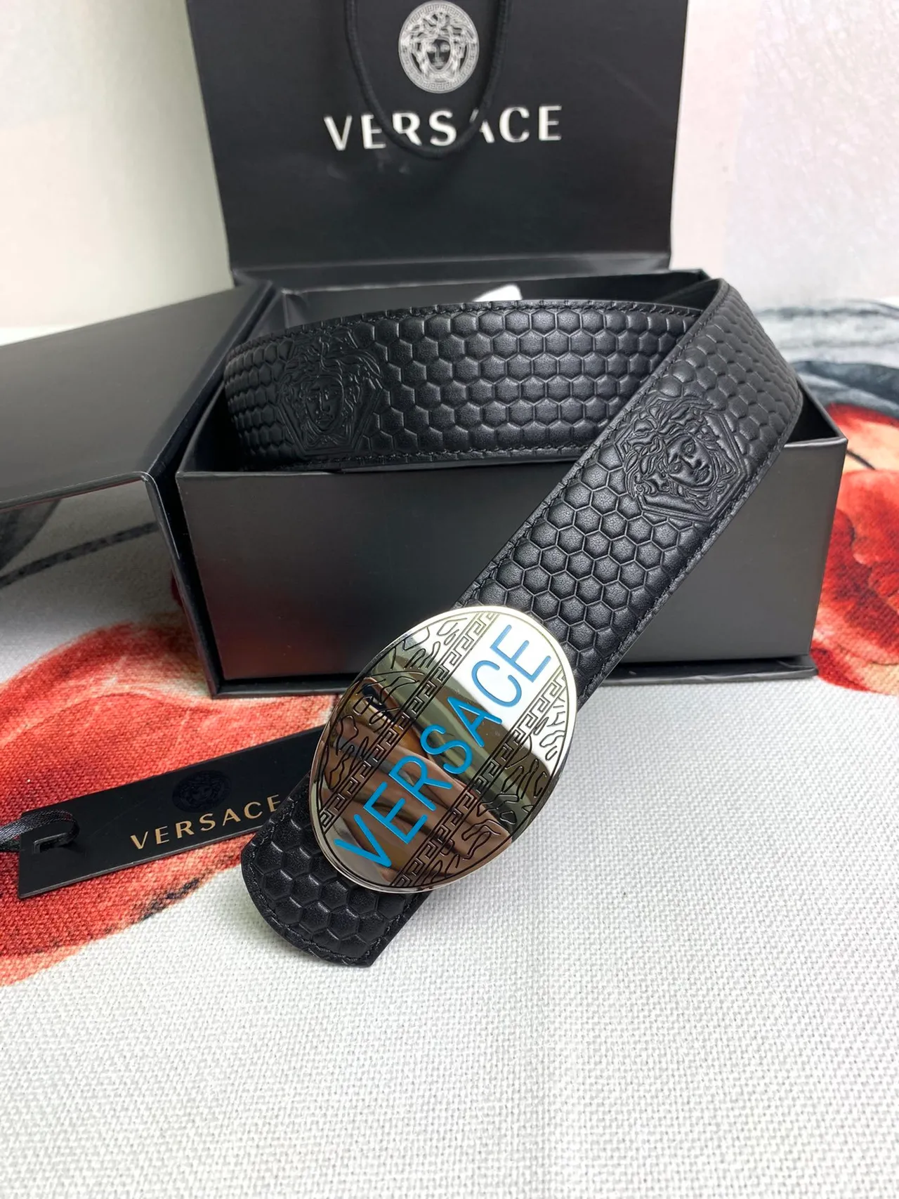 Versace Odissea Black Hexagonal Embossed Leather Belt 2