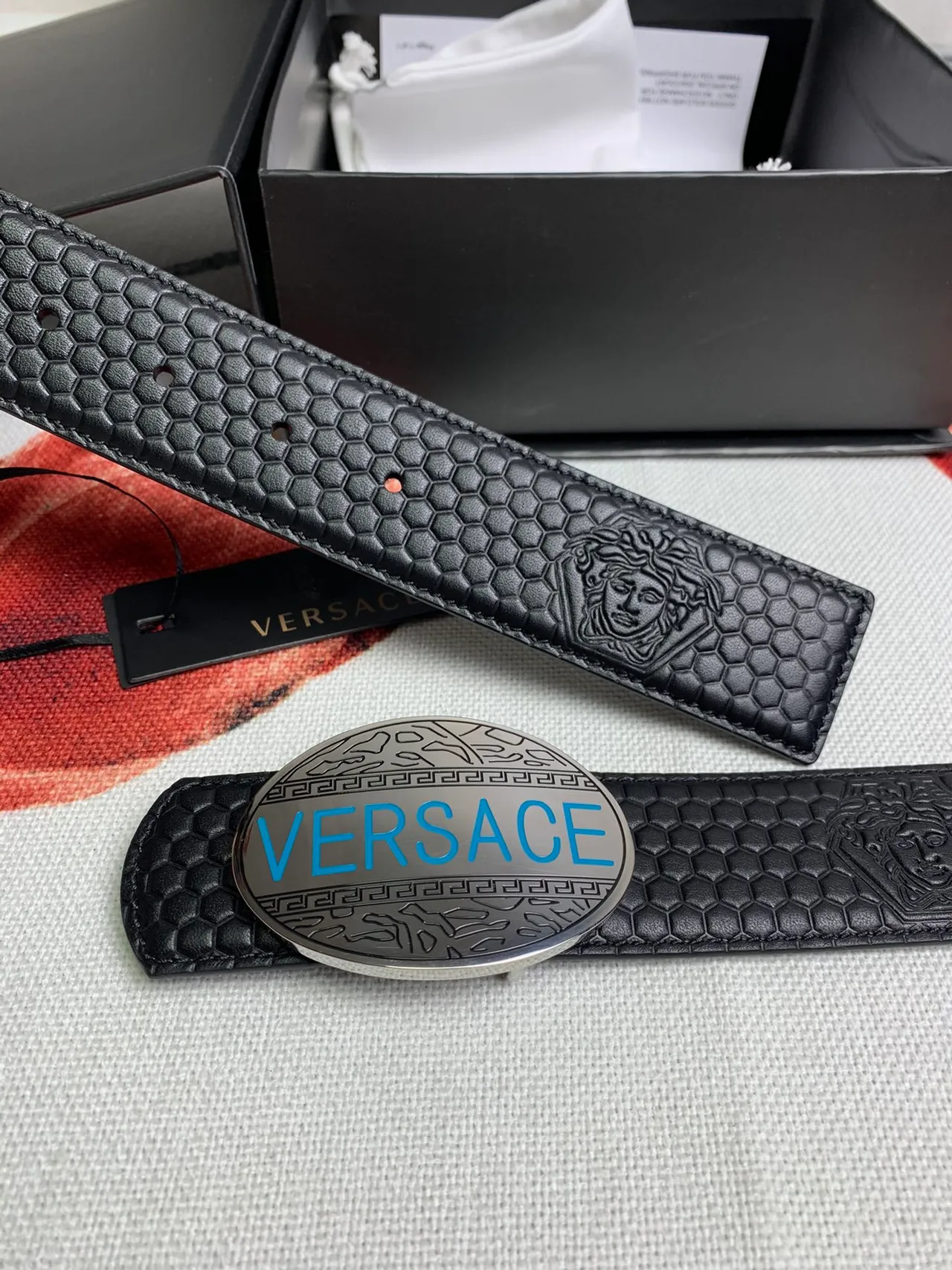 Versace Odissea Black Hexagonal Embossed Leather Belt 3