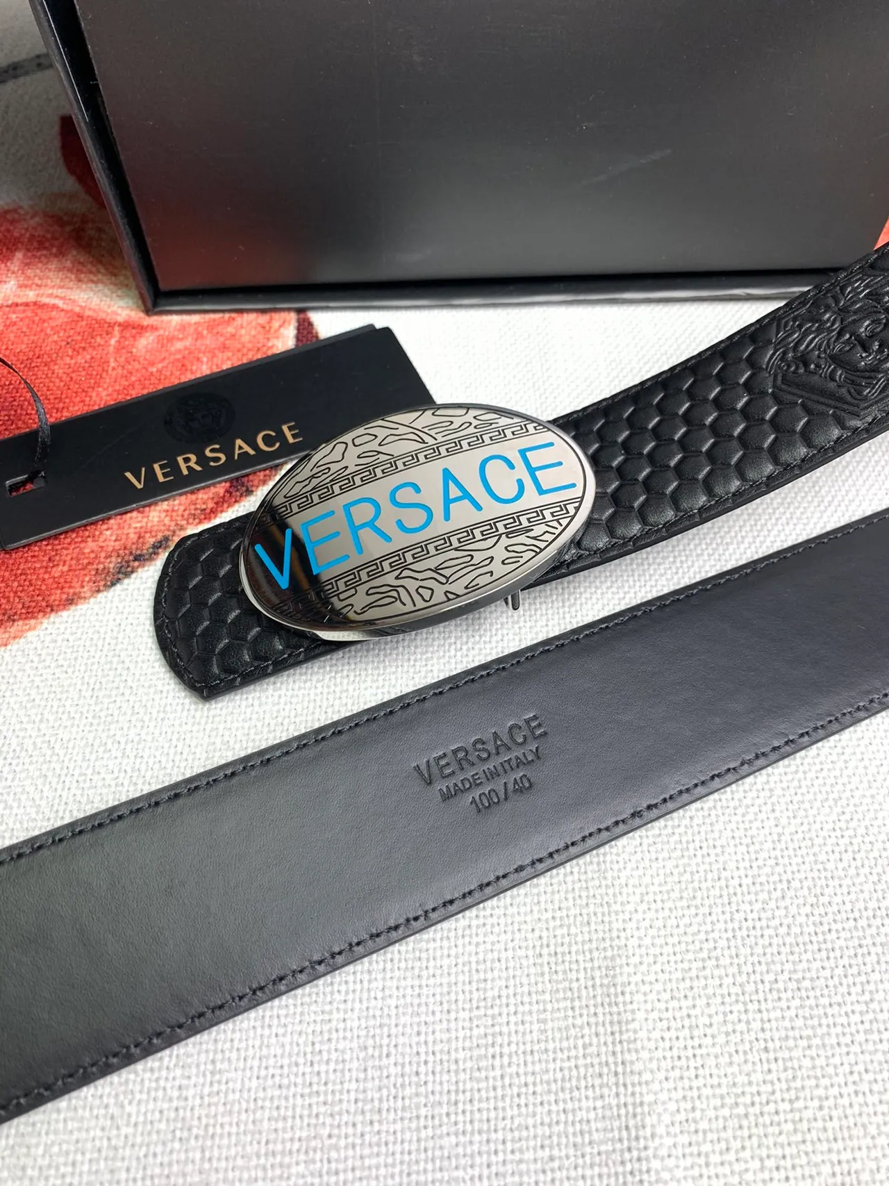 Versace Odissea Black Hexagonal Embossed Leather Belt 4